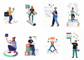 Fototapeta premium Illustrations of developers and designers focusing on web accessibility, keyboard navigation, user interface components, and inclusive digital user experience design.