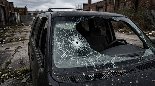 Abandoned vehicle with shattered windshield and bullet hole in urban war zone.