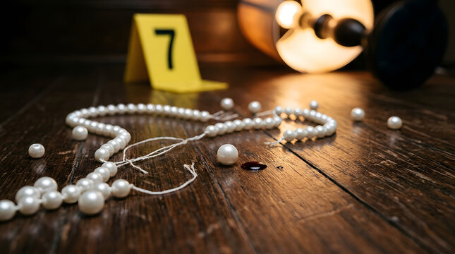 Broken pearl necklace with scattered white beads on a dark wooden floor at a crime scene.