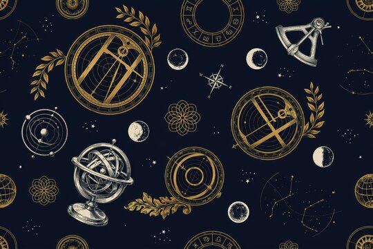 Seamless background, pattern with golden, vintage astronomical tools, celestial globes, moon, phases, and star, constellations on dark, blue paper