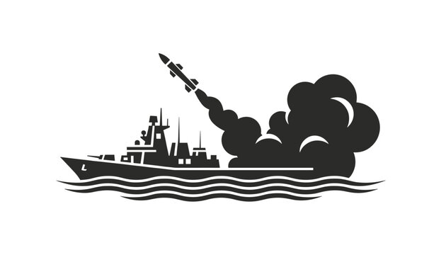 Military warship launching a guided missile into the air with thick smoke clouds, represented in a clean black and white vector icon style.