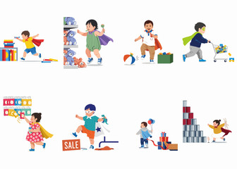 Fototapeta premium A collection of cute diverse children in superhero capes and masks playing, shopping, and exploring in a retail store setting.