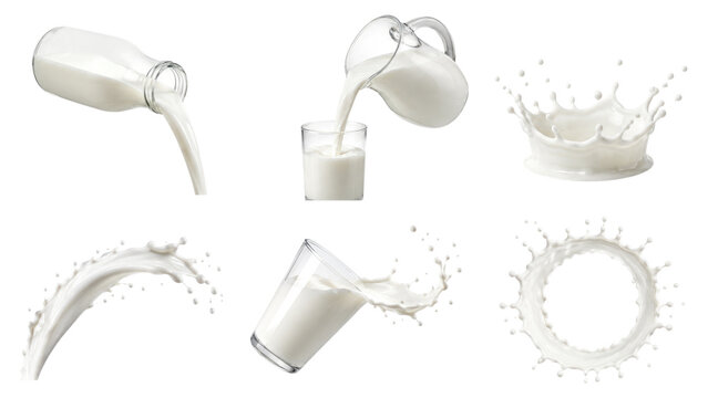 High-key composite of milk pouring from bottle and pitcher into a glass with multiple splashes, arcs, crowns and rings on transparent background