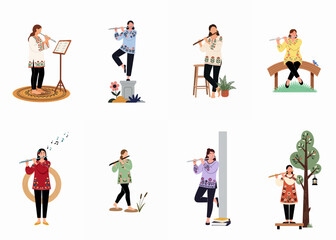 Set of flat vector illustrations depicting women playing the flute in various indoor and outdoor settings, wearing traditional embroidered tunics. © Akira