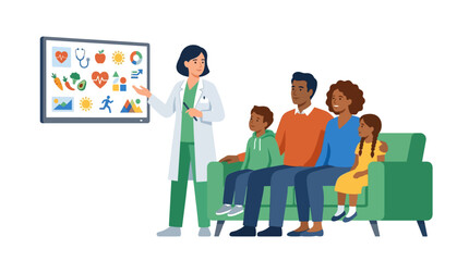 Obraz premium Female doctor presenting healthy lifestyle tips to a happy diverse family during medical consultation flat vector illustration.