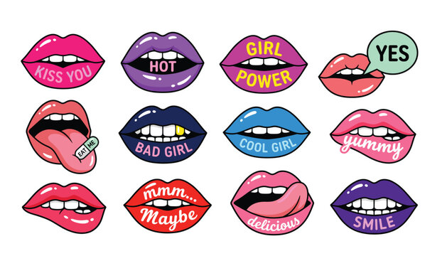 Lips transparent vector set. with pop art text stickers, colorful female mouth kiss icons, retro makeup tongue doodles, and funky biting girl power elements.