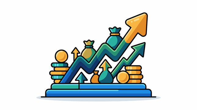 Stylized chart with upward arrows money bags and coins