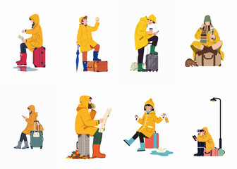 Fototapeta premium Set of travelers in yellow raincoats and boots with luggage, flat vector illustration of people waiting and exploring in rainy autumn weather.