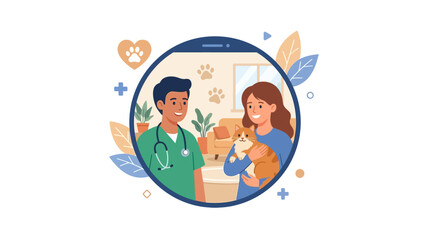 Fototapeta premium Professional male veterinarian consulting pet owner with cat in smartphone screen flat design vector illustration