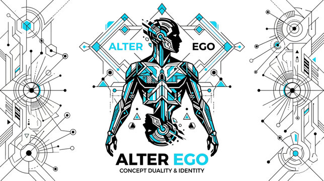 Futuristic Cyborg Man with Alter Ego Concept, Geometric Design