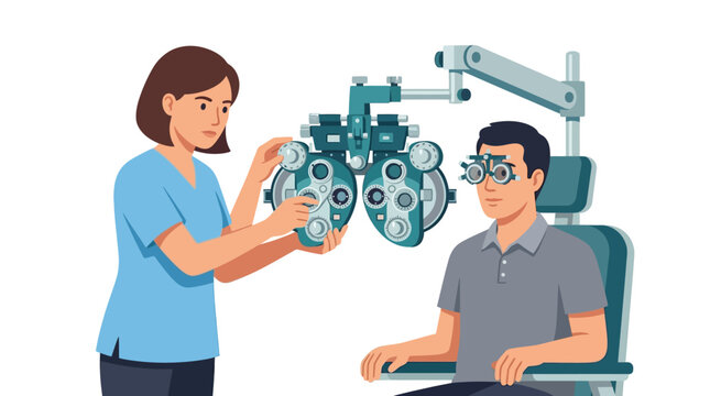 Professional ophthalmologist performing eye examination on male patient using phoropter flat vector illustration.