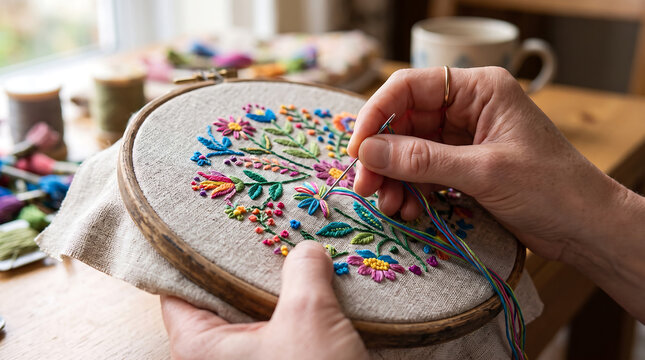 Close up of person hands hand-stitching beautiful colorful floral design on linen fabric using wooden hoop with needle and thread in cozy workshop room