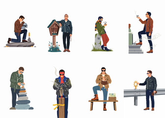 Fototapeta premium Collection of illustrations depicting bikers engaged in various spiritual rituals, prayers, and reflective moments in a flat vector style