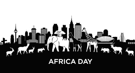Obraz premium Africa Day Johannesburg City Skyline Silhouette with Wild African Animals