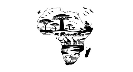 African Continent Silhouette with Wild Animals and Savannah Landscape © Risma