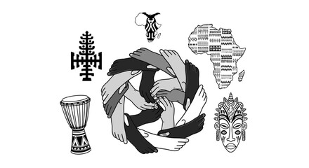 African Cultural Symbols and Unity Hands Circle Illustration © Risma