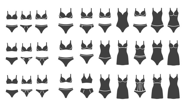 Extensive collection of women's lingerie silhouettes, including bras, panties, bodysuits, and nightgowns, isolated on a white background.