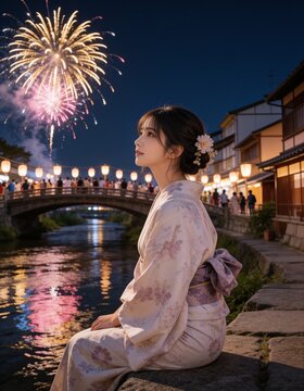 日本の夏祭りの夜に打ち上げ花火を楽しむ浴衣姿の若い女性