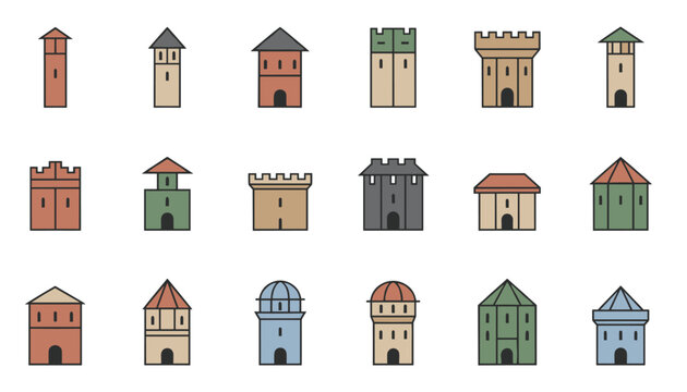Extensive set of eighteen unique medieval castle towers and watchtower designs in various shapes, roof styles, and earth tone colors.