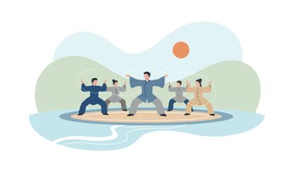 Fototapeta premium Active group of people in traditional clothing practicing healthy Tai Chi movements in a serene lakeside landscape.
