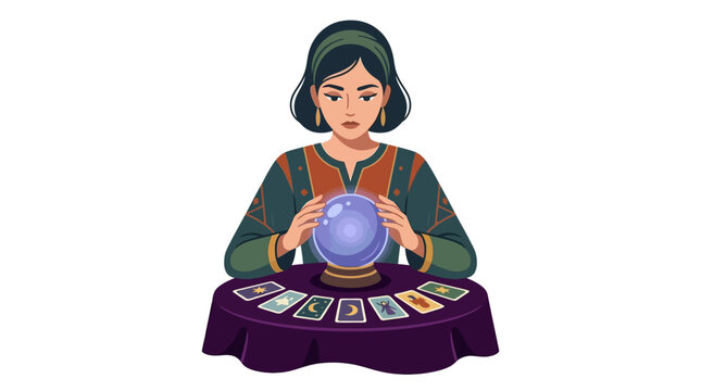 Mysterious female fortune teller reading crystal ball and tarot cards for mystical prediction flat vector illustration