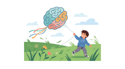 Fototapeta premium Young boy flying brain shaped kite in sunny meadow for mental health awareness flat vector illustration