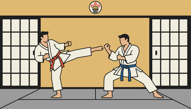 Two karate fighters sparring inside traditional martial arts dojo with shoji sliding doors flat vector.