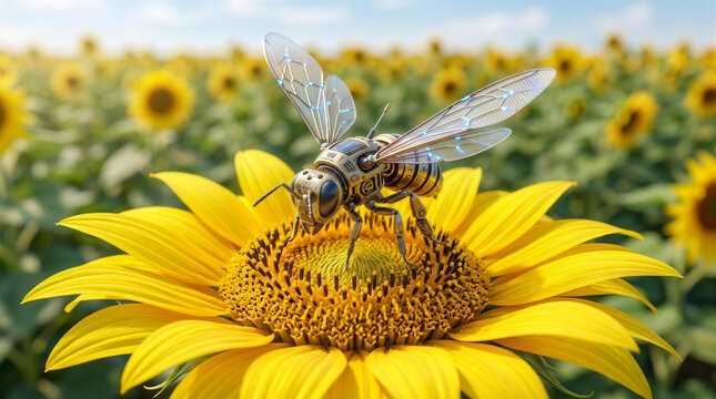 Close up of futuristic robotic bee pollinating a sunflower in advanced agriculture technology concept
