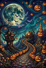Fototapeta premium Whimsical Halloween Forest Path with Glowing Jack-o'-lanterns, Giant Moon, and Enchanted Trees under a Starry Night Sky
