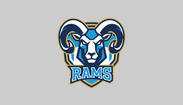 Athletic sports team mascot logo featuring fierce ram head on blue shield backdrop in flat vector style.