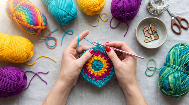 Top view of woman hands with red nails crocheting a colorful granny square with a metal hook surrounded by vibrant skeins of yarn and crafting tools on a grey table