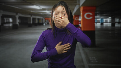 Fototapeta premium Woman covers mouth with hand and clutches chest in purple sweater inside parking garage; nausea unease.