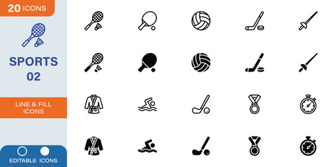 Sports and athletics line and filled icons pack. Badminton, ping pong, volleyball, hockey, fencing, karate gi, swimming, golf, medal, and stopwatch vector illustration. © emon17201