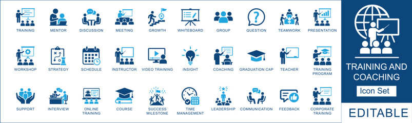 Training and coaching icon set. Featuring  mentor, workshop, corporate education, strategy and leadership. Vector icons for business presentation. © ICONIC_FLOW