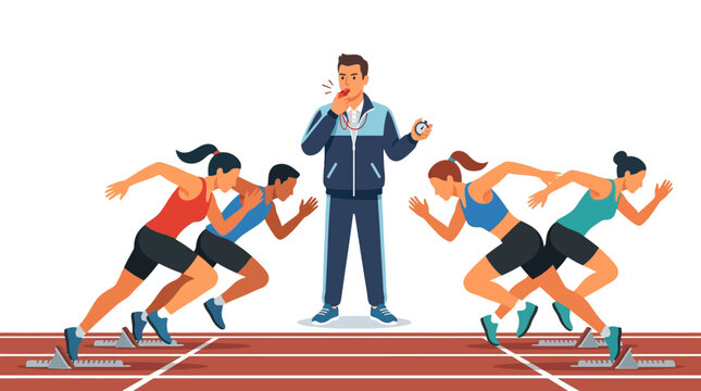 Athletic coach blowing whistle and using stopwatch to start a sprint race on track flat vector illustration
