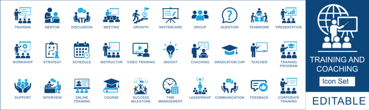 Training and coaching icon set. Featuring  mentor, workshop, corporate education, strategy and leadership. Vector icons for business presentation.