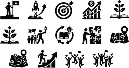 Obraz premium Business Success and Leadership Icon Set with Growth Strategy Education and Achievement Symbols