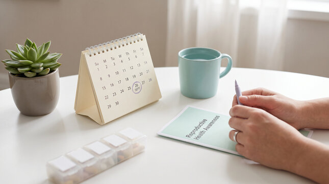 Woman holding pen near reproductive health brochure and calendar marking September 26 for World Contraception Day, family planning and daily birth control pill concept.