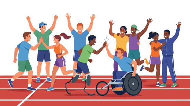 Diverse multicultural athletes and para-athletes celebrating and high-fiving on a stadium running track flat design vector illustration
