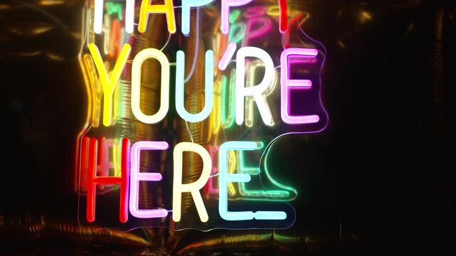 Colourful neon letters spelling out the positive message &lsquo;I&rsquo;m so happy you are here&rsquo;, surrounded by metallic balloons. A concept designed for a pleasant time. Party theme, positivity.
