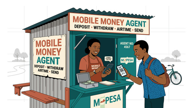 Customer Using Mobile Money Service at an African Agent Kiosk