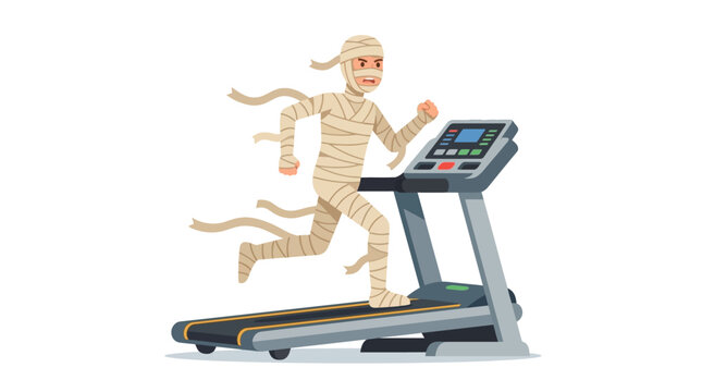 Funny man in mummy costume jogging on gym treadmill for Halloween fitness concept flat vector illustration.