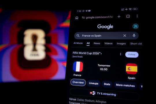 Pacitan, Indonesia - July 14, 2026 : Google search result for the FIFA World Cup 2026 France vs Spain semi-final match.