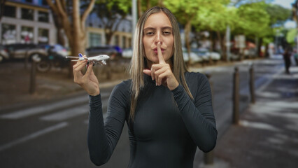 Fototapeta premium Young hispanic woman holding a model airplane and pressing index finger to lips while standing on a city street with blurred parked cars; silence secrecy.