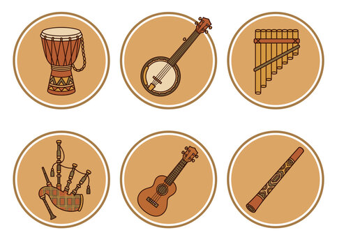 Ethnic traditional musical instrument flat round vector icon collection on warm tan circular backgrounds, folk acoustic instruments djembe drum banjo pan flute bagpipes ukulele 