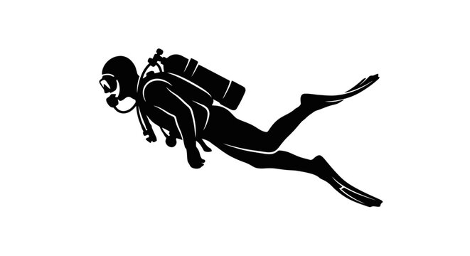 Scuba diver in black silhouette swimming.