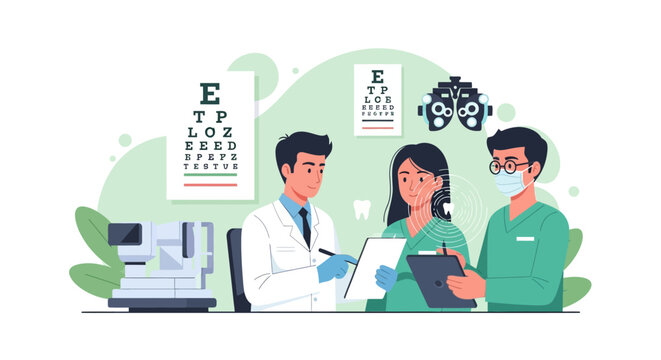 Ophthalmology team discussing patient eye care with charts and equipment.