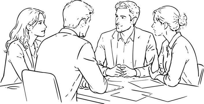 Business meeting with four people discussing ideas around a table