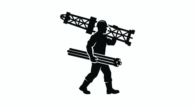 Man carrying metal construction materials.
