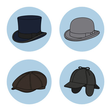 Four stylish vintage men&rsquo;s hats line art icons inside light blue round frames, top hat, bowler, newsboy cap and trapper hat minimalist vector fashion accessory set